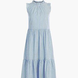 J. CREW Tiered Midi Ruffle Dress Blue White Stripe Size 2